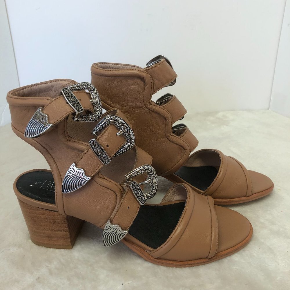 Sol Sana Clementine Leather Tan Triple Buckle Block Heeled Sandals Size 39 (7.5)